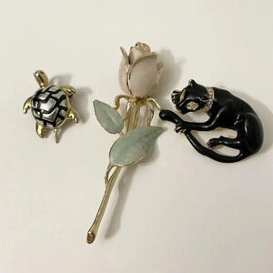 Lot of 3 Vintage Brooches Black Panther Cat Turtle  Rose Flower Brooch